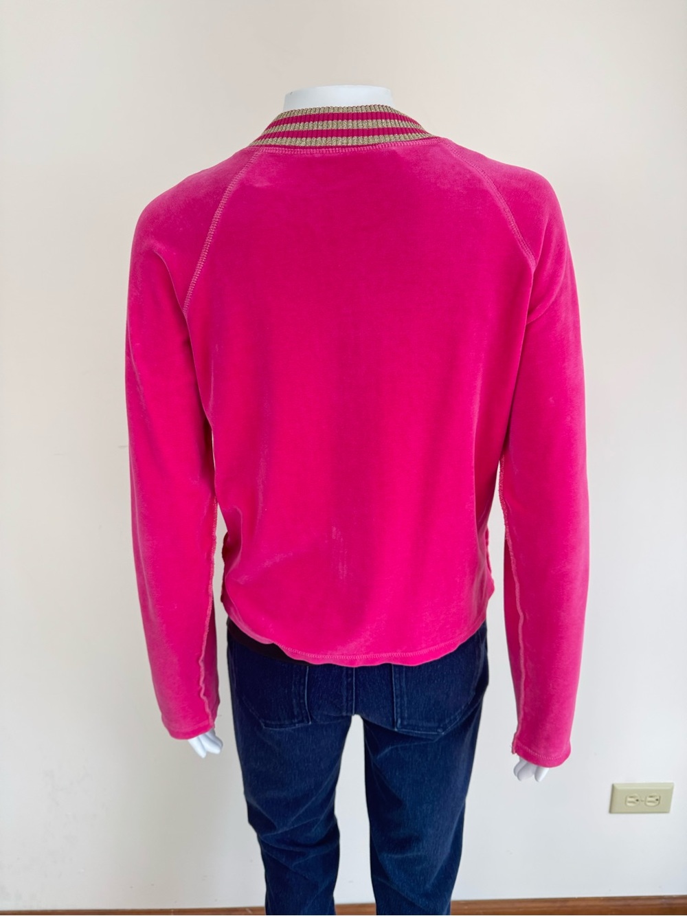 Sonia Rykiel Pink Velour Velvet Zip Jacket Gold Stripe Collar Y2K 90s Athletic - Picture 6 of 14